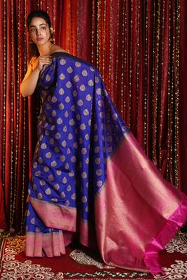 Blue woven banarasi silk saree with blouse 2