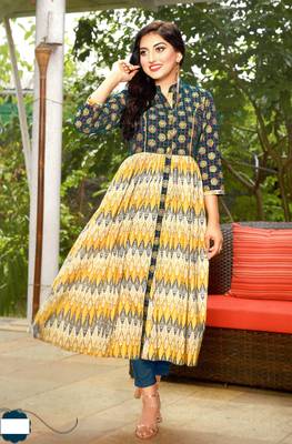 Yellow Cambric Block Print Embroidered  Partywear Kurti 1