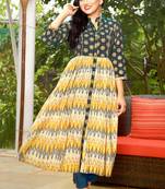Yellow Cambric Block Print Embroidered  Partywear Kurti