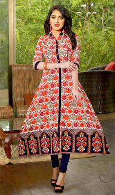 Pink Cambric Block Print Embroidered  Partywear Kurti 1