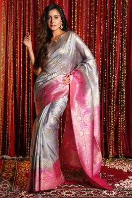 Steel Blended Tussar Saree With Allover Zari And Magenta Pallu 1