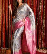 Steel Blended Tussar Saree With Allover Zari And Magenta Pallu