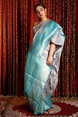 Silver woven tussar silk saree with blouse 1