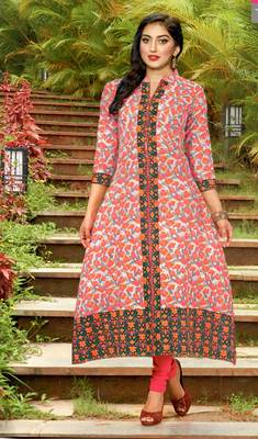 Pink Cambric Block Print Embroidered  Partywear Kurti 1