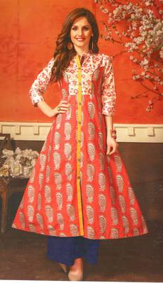 Pink Cambric Block Print Embroidered  Partywear Kurti 1