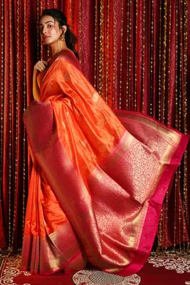 Orange woven tussar silk saree with blouse 2