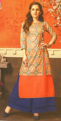 Orange Cambric Block Print Embroidered  Partywear Kurti 1