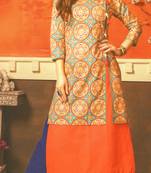 Orange Cambric Block Print Embroidered  Partywear Kurti