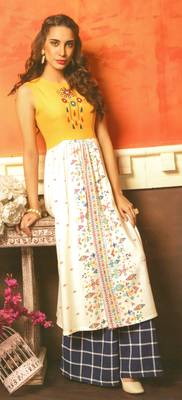 White Cambric Block Print Embroidered  Partywear Kurti 1