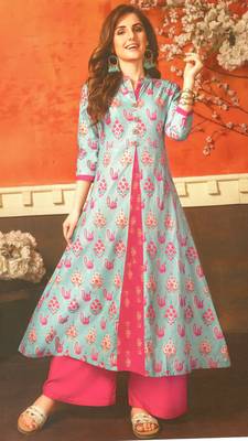 Blue Cambric Block Print Embroidered  Partywear Kurti 1
