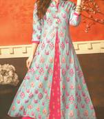 Blue Cambric Block Print Embroidered  Partywear Kurti