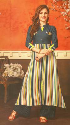 Cream Cambric Block Print Embroidered  Partywear Kurti 1