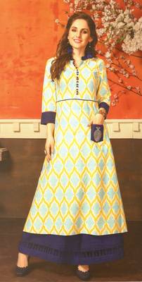Cream Cambric Block Print Embroidered  Partywear Kurti 1