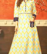 Cream Cambric Block Print Embroidered  Partywear Kurti