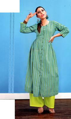 Green Cambric Block Print Embroidered  Partywear Kurti 1