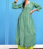 Green Cambric Block Print Embroidered  Partywear Kurti