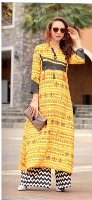 Yellow Rayon Block Print Embroidered  Partywear Kurti 1