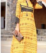 Yellow Rayon Block Print Embroidered  Partywear Kurti