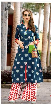 Blue Rayon Block Print Embroidered  Partywear Kurti 1