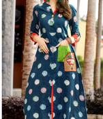 Blue Rayon Block Print Embroidered  Partywear Kurti