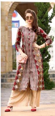 Brown Rayon Block Print Embroidered  Partywear Kurti 1