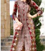 Brown Rayon Block Print Embroidered  Partywear Kurti