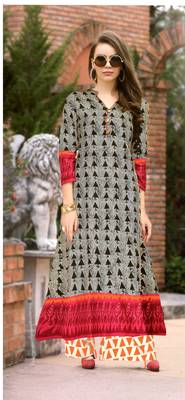 Blue Rayon Block Print Embroidered  Partywear Kurti 1
