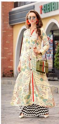 Cream Rayon Block Print Embroidered  Partywear Kurti 1