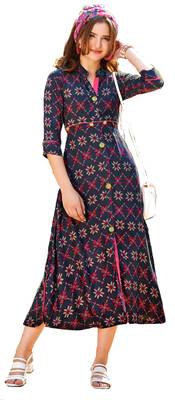 Blue Rayon Block Print Embroidered  Partywear Kurti 1
