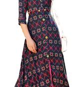 Blue Rayon Block Print Embroidered  Partywear Kurti