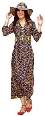 Blue Rayon Block Print Embroidered  Partywear Kurti 1