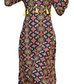 Blue Rayon Block Print Embroidered  Partywear Kurti