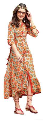 Orange Rayon Block Print Embroidered  Partywear Kurti 1