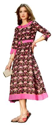 Brown Rayon Block Print Embroidered  Partywear Kurti 1