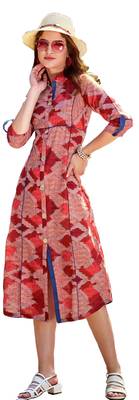 Red Rayon Block Print Embroidered  Partywear Kurti 1