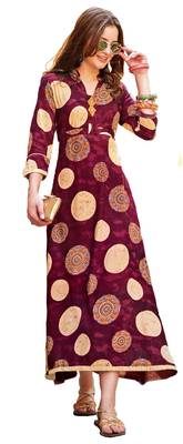 Maroon Rayon Block Print Embroidered  Partywear Kurti 1