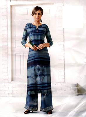 Blue Rayon Block Print Embroidered  Partywear Kurti 1