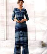 Blue Rayon Block Print Embroidered  Partywear Kurti