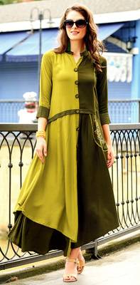 Green Rayon Block Print Embroidered  Partywear Kurti 1