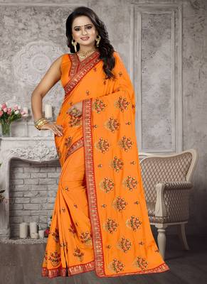 Orange embroidered silk blend saree with blouse 1