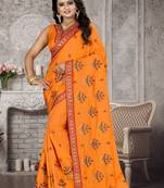 Orange embroidered silk blend saree with blouse