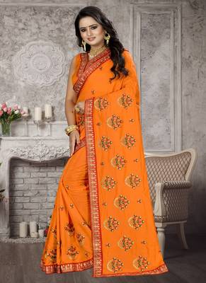 Orange embroidered silk blend saree with blouse 2