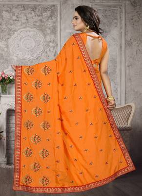 Orange embroidered silk blend saree with blouse 3