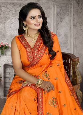 Orange embroidered silk blend saree with blouse 4