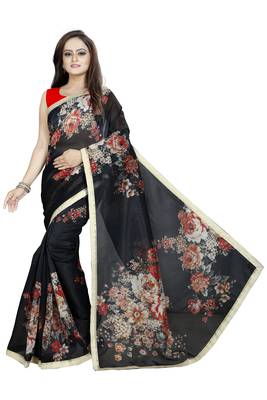Black Color Digital Printed Organza Saree With Blouse 1