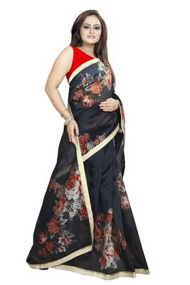 Black Color Digital Printed Organza Saree With Blouse 2