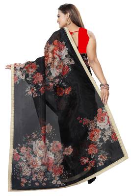 Black Color Digital Printed Organza Saree With Blouse 3
