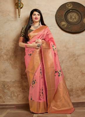 Peach woven banarasi silk saree with blouse 1
