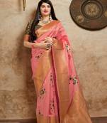 Peach woven banarasi silk saree with blouse