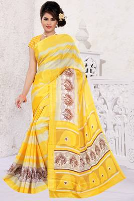 Yellow printed art silk saree with blouse 1